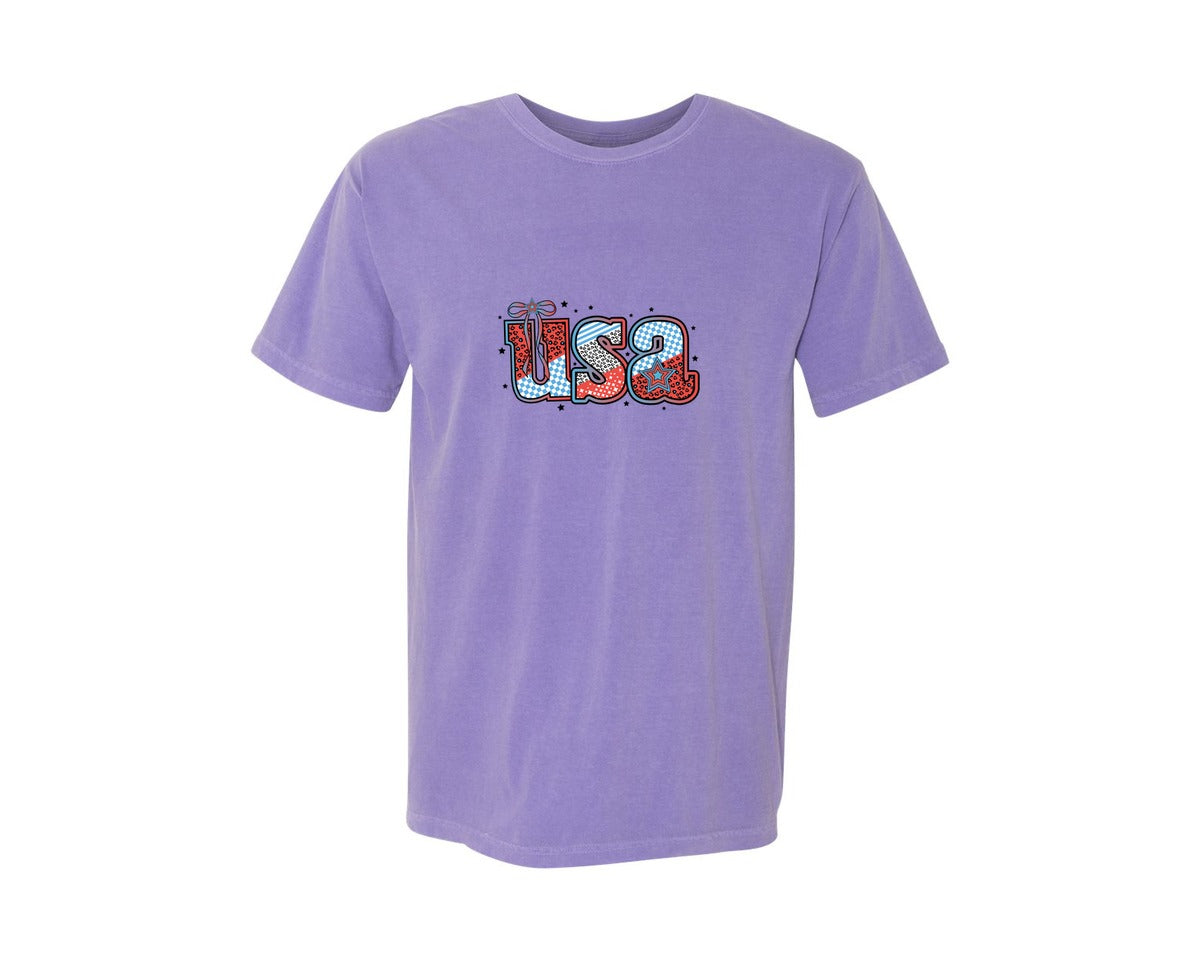 brand:Comfort Colors|color:Violet|Preppy Usa 4Th Of July Patriotic Graphic T-Shirt