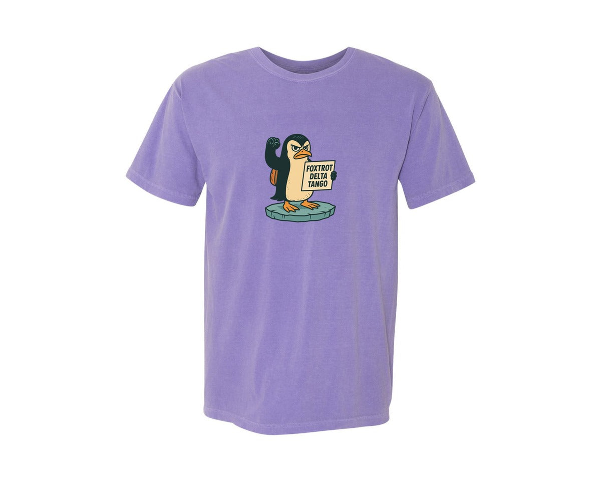 brand:Comfort Colors|color:Violet|Funny Penguin Penguins Againts Tariffs Graphic T-Shirt