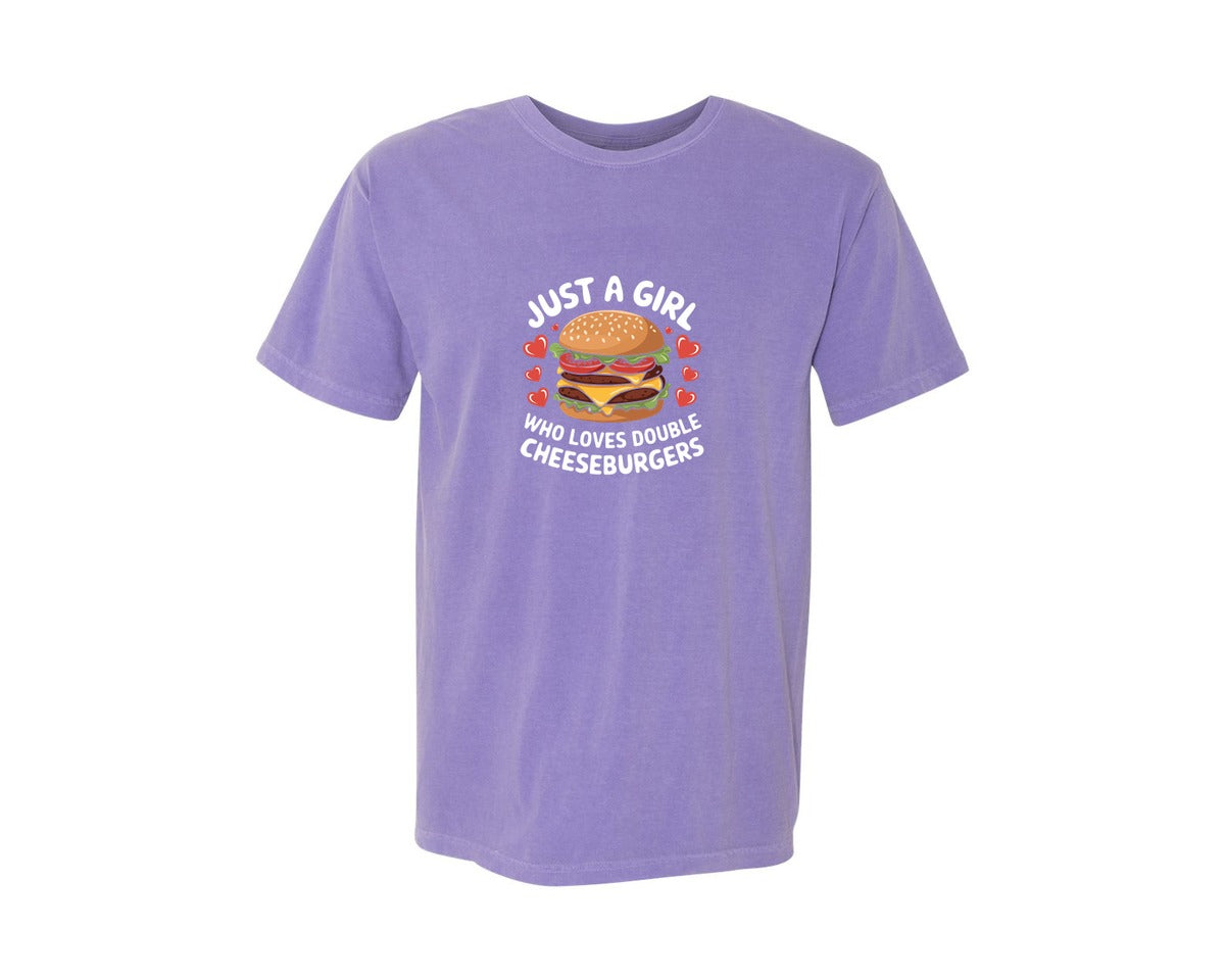 brand:Comfort Colors|color:Violet|Just A Girl Who Loves Double Cheeseburge Graphic T-Shirt
