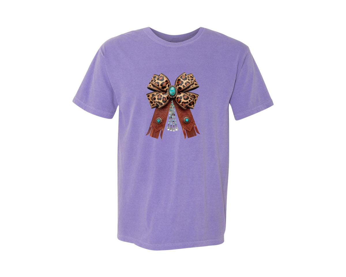 brand:Comfort Colors|color:Violet|Western Leopard Bow Coquette Cowgirl 2 Graphic T-Shirt