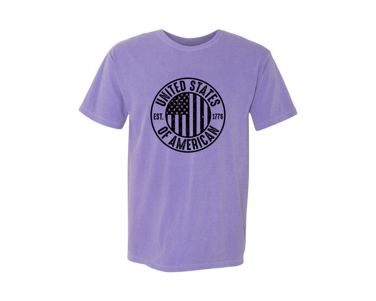 brand:Comfort Colors|color:Violet|United States Of America Patriotic Graphic T-Shirt