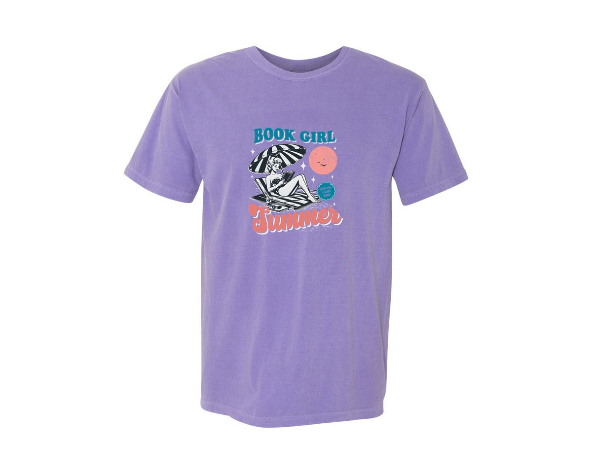 brand:Comfort Colors|color:Violet|Book Girl Summer On Beach Shirt Graphic T-Shirt