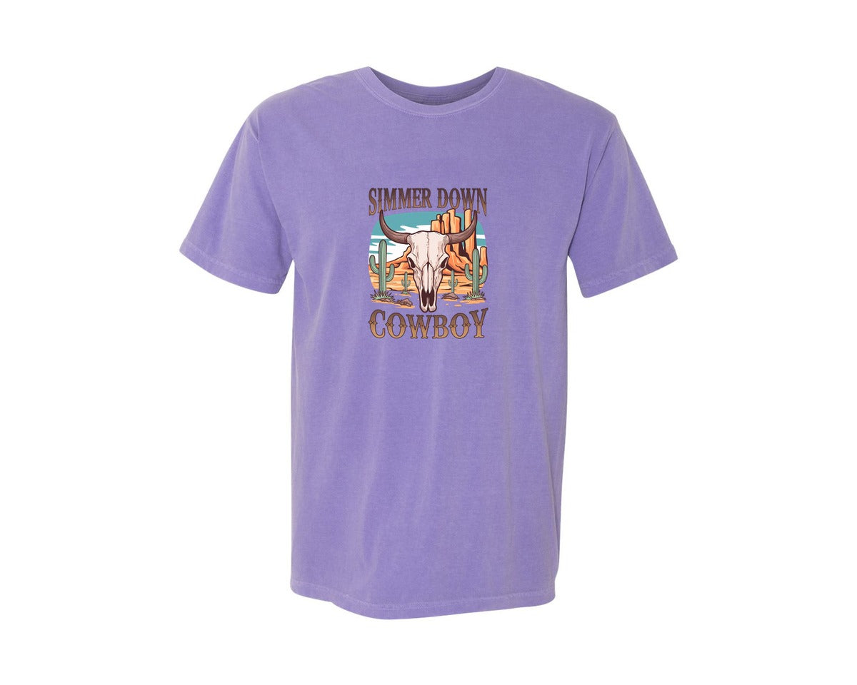 brand:Comfort Colors|color:Violet|Simmer Down Cowboy Western Skull 2 Graphic T-Shirt