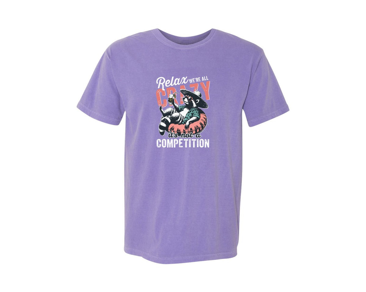 brand:Comfort Colors|color:Violet|Relax Were All Crazy Raccoon Shirt Graphic T-Shirt