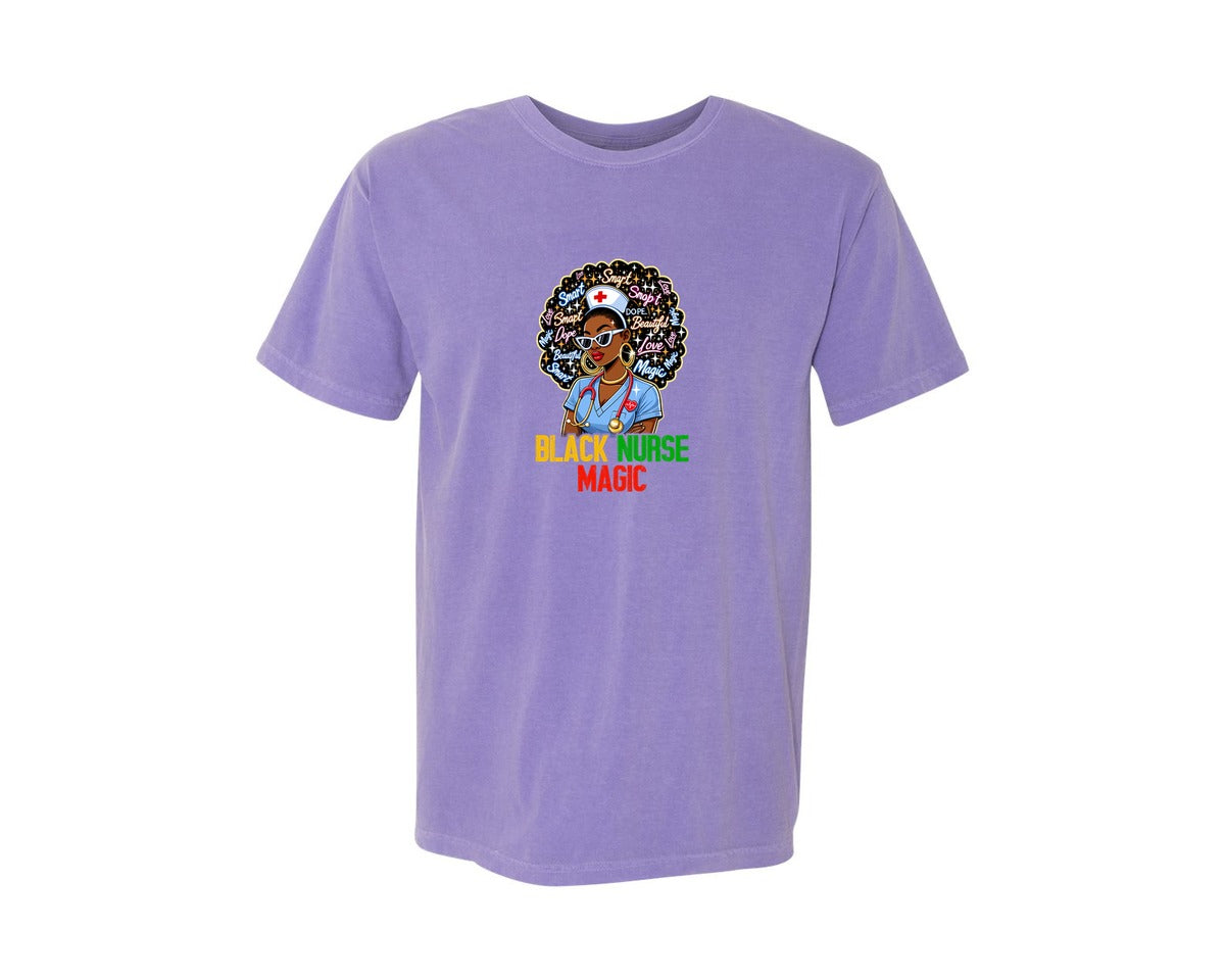 brand:Comfort Colors|color:Violet|Black Nurse Magic Afro Woman Power 2 Graphic T-Shirt