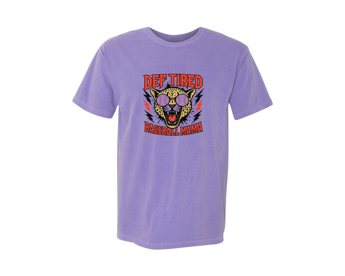 brand:Comfort Colors|color:Violet|Tired Baseball Mama Funny Baseball Graphic T-Shirt
