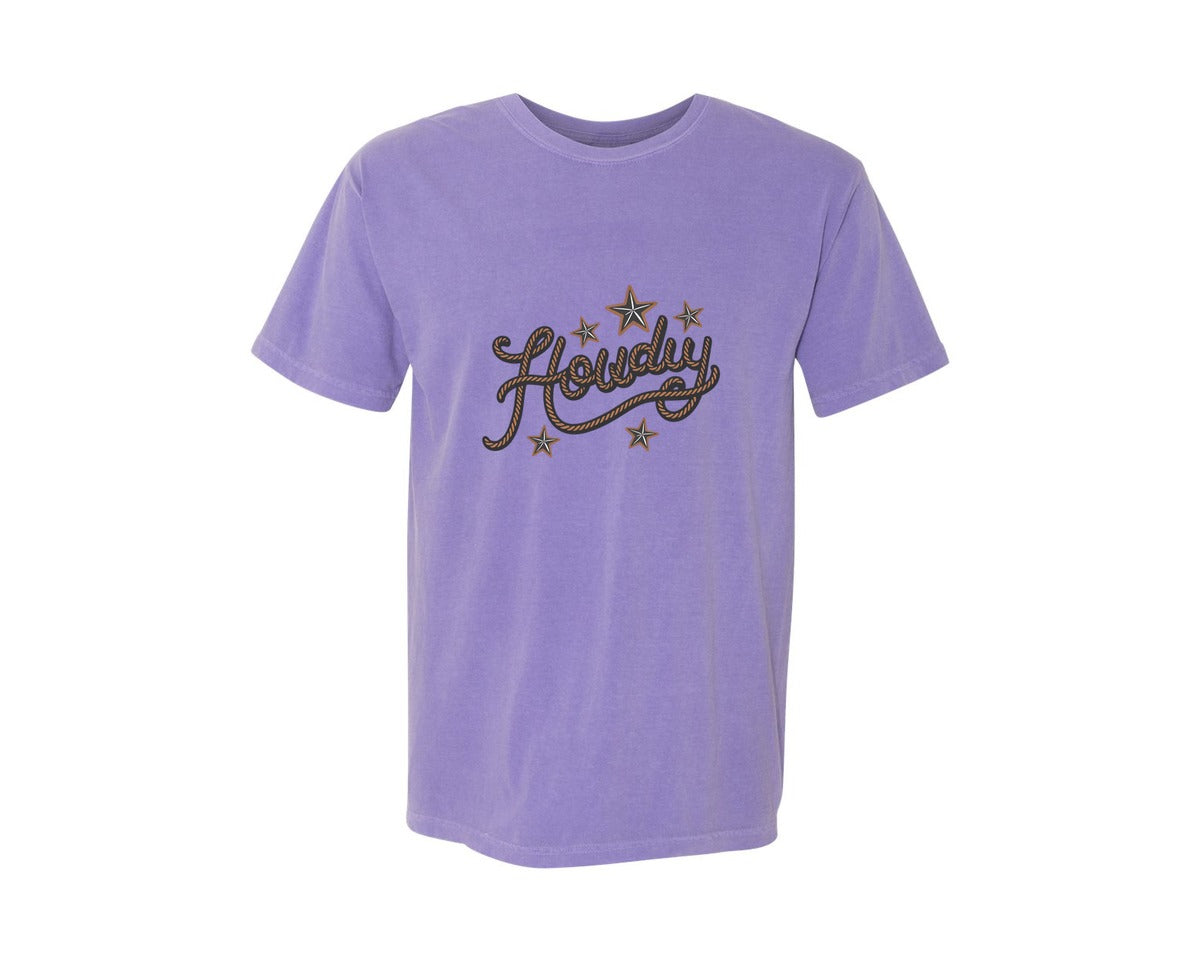 brand:Comfort Colors|color:Violet|Howdy Western Cowboy Rope Graphic T-Shirt