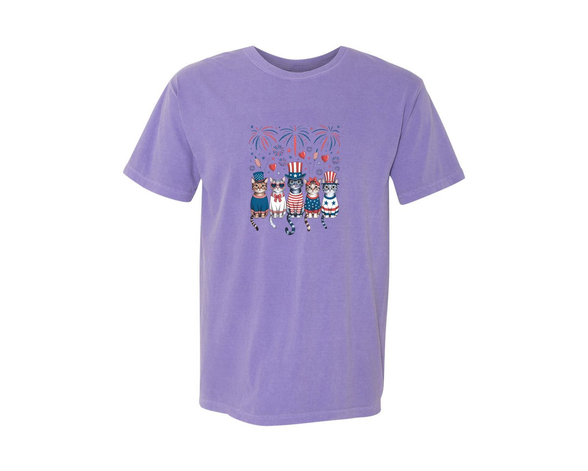 brand:Comfort Colors|color:Violet|Patriotic Cat 4Th Of July 9 Graphic T-Shirt