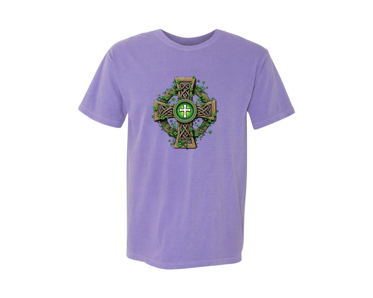 brand:Comfort Colors|color:Violet|Celtic Cross With Shamrocks Irish Graphic T-Shirt