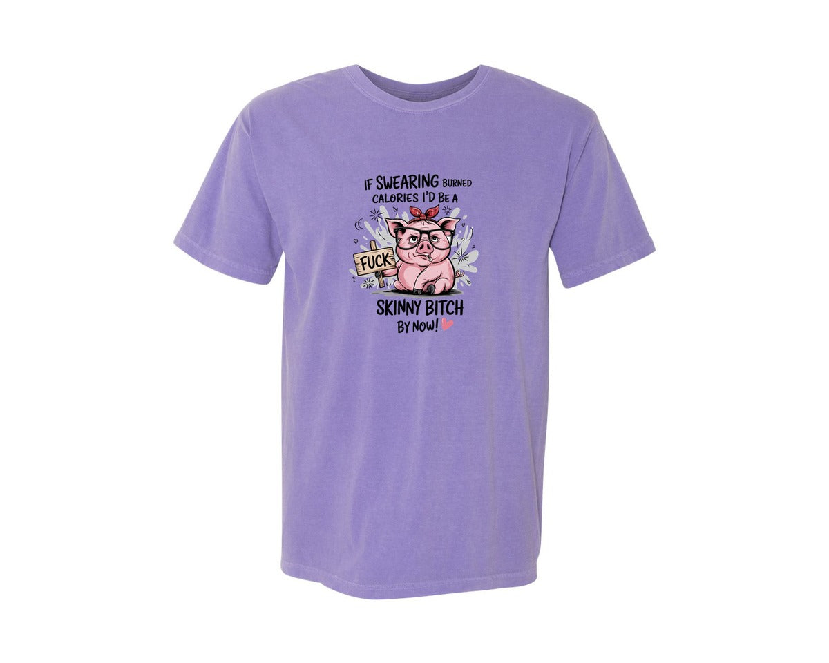 brand:Comfort Colors|color:Violet|Sassy Pig Swearing Burns Fat Graphic T-Shirt