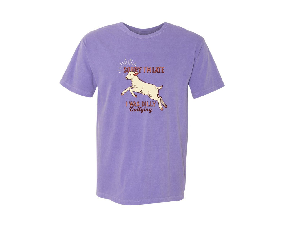 brand:Comfort Colors|color:Violet|Sorry Im Late Funny Goat Farm Graphic T-Shirt