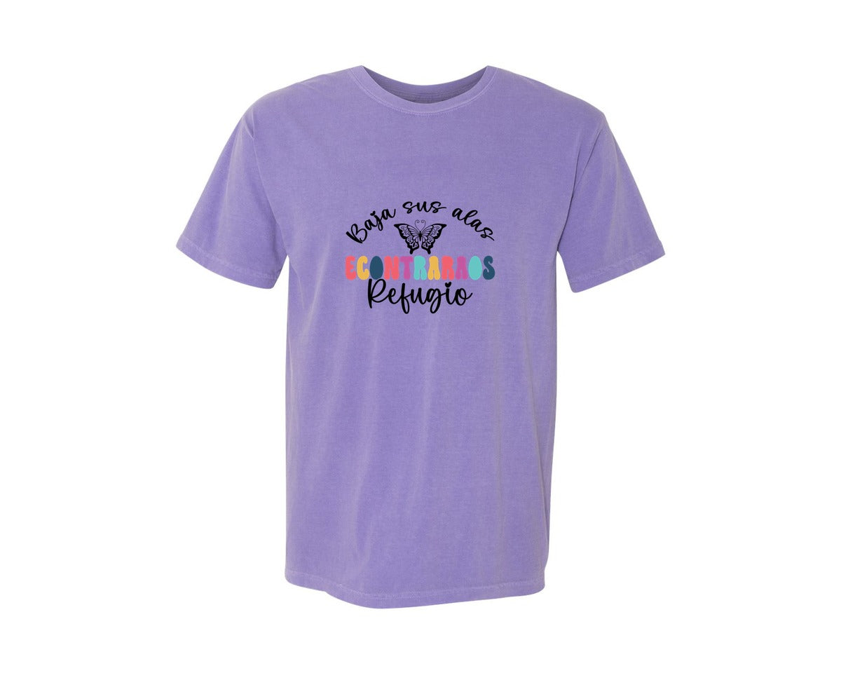 brand:Comfort Colors|color:Violet|Baja Sus Alas Encontraras Refugio Graphic T-Shirt