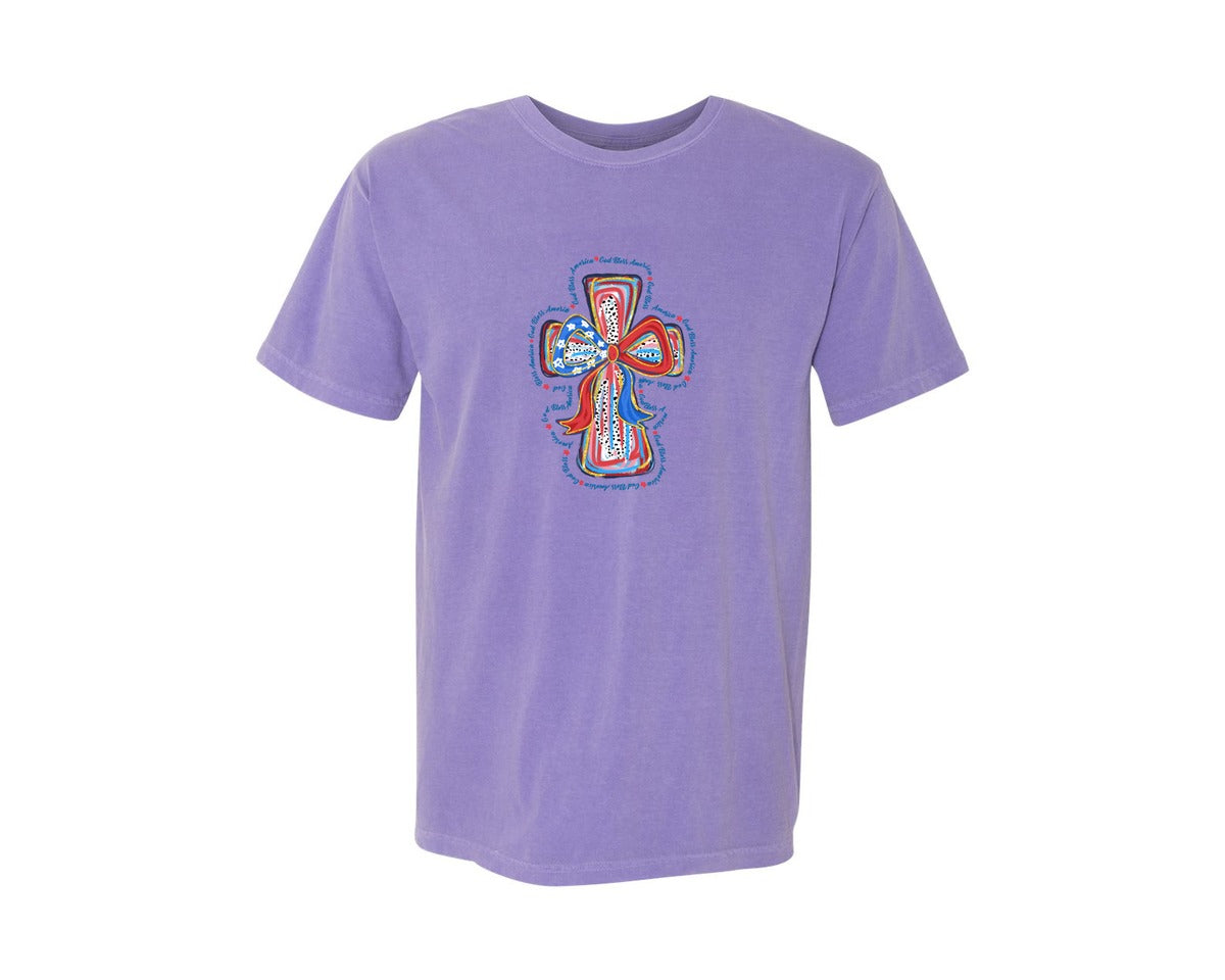 brand:Comfort Colors|color:Violet|Christian 4Th Of July God Bless Graphic T-Shirt