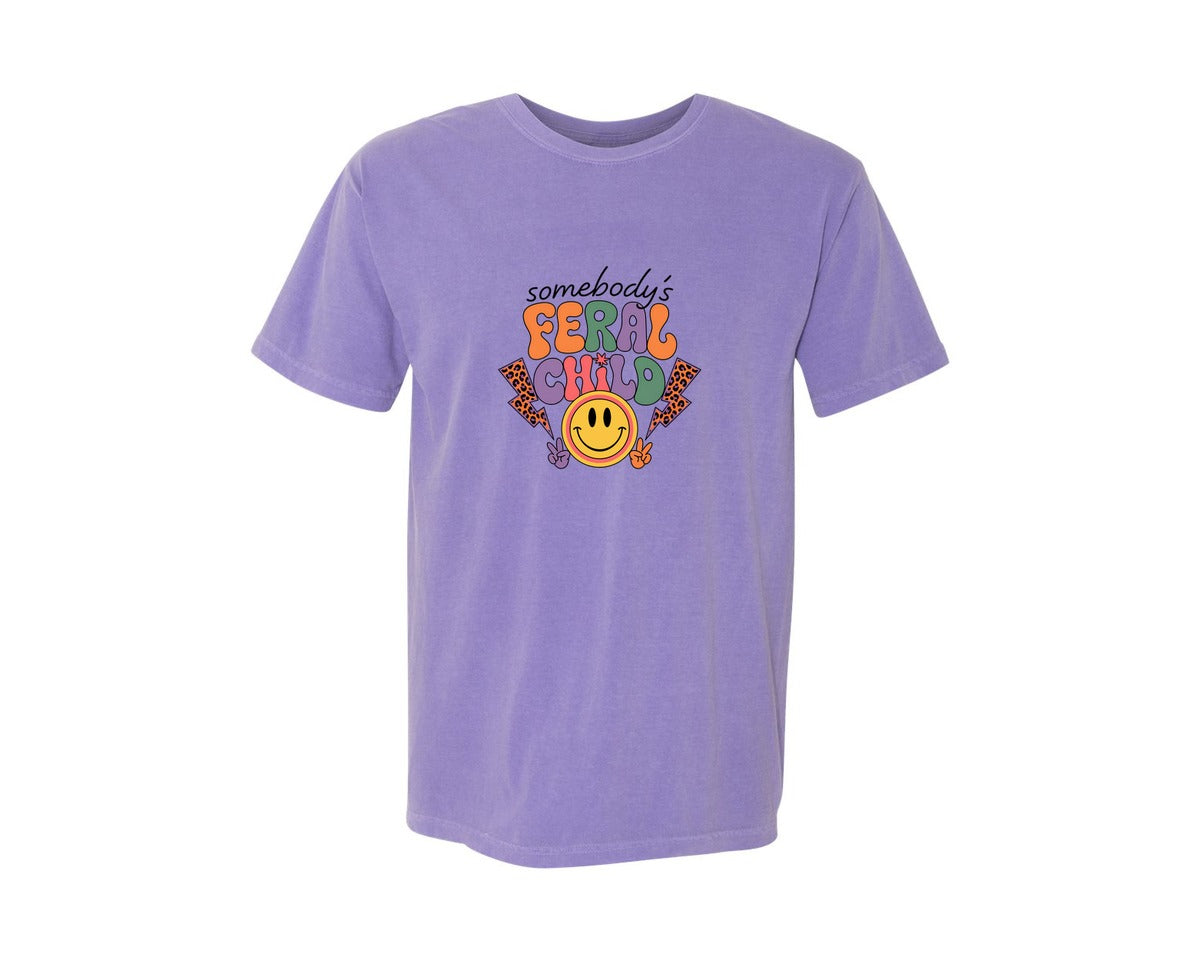 brand:Comfort Colors|color:Violet|Somebodys Feral Child Funny Summer Graphic T-Shirt