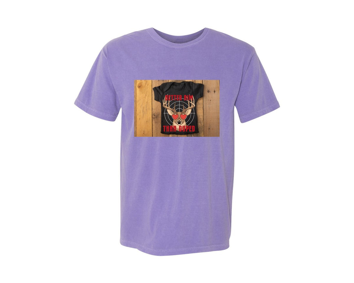 brand:Comfort Colors|color:Violet|Better Aim Than Cupid Funny Deer Graphic T-Shirt