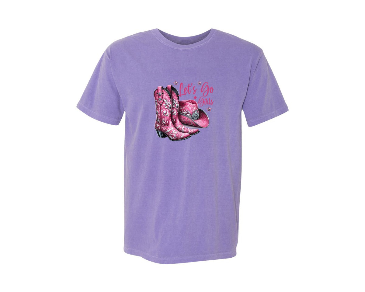 brand:Comfort Colors|color:Violet|Lets Go Girls Cowgirl Boots 2 Graphic T-Shirt