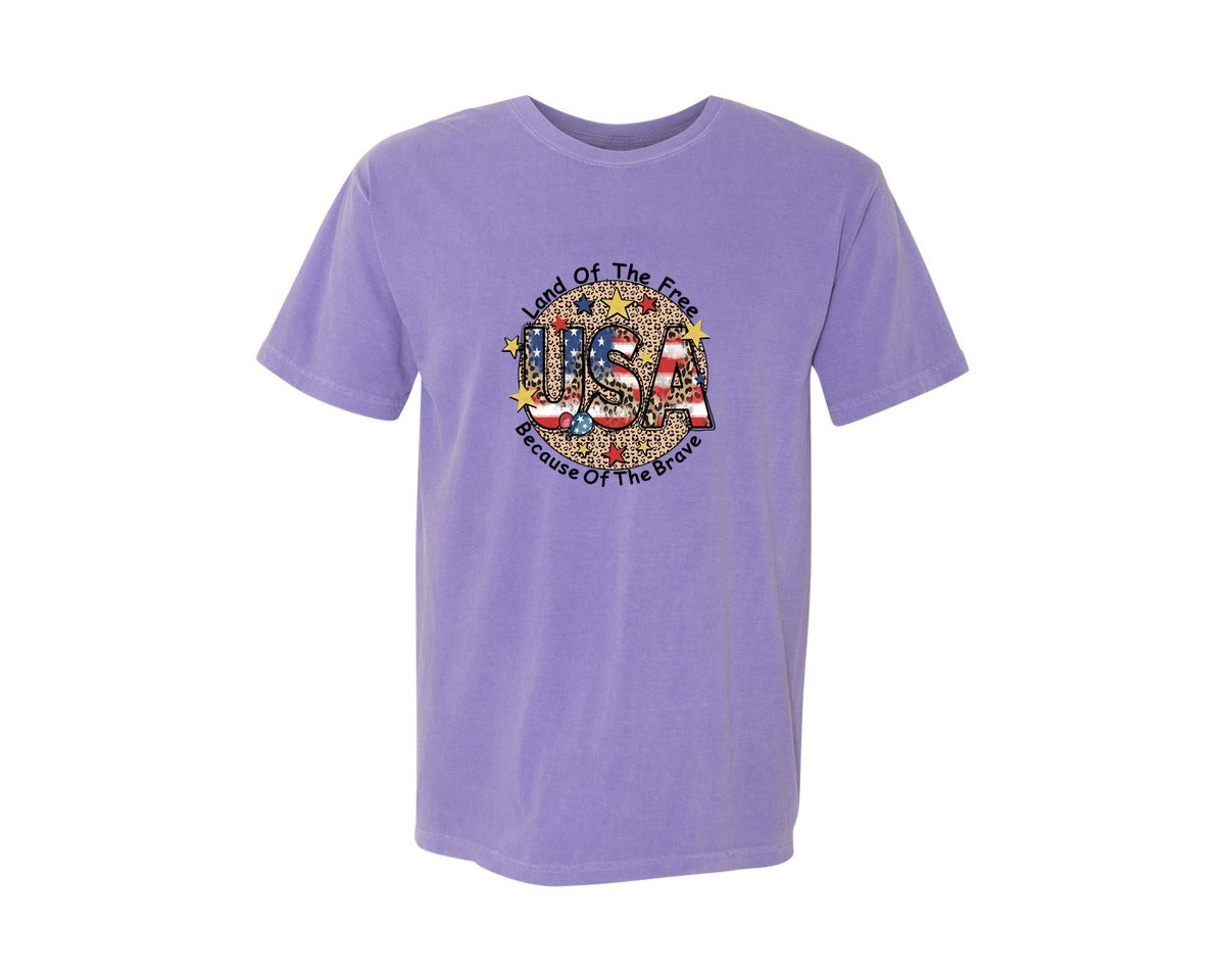 brand:Comfort Colors|color:Violet|Usa Leopard Patriotic Graphic T-Shirt