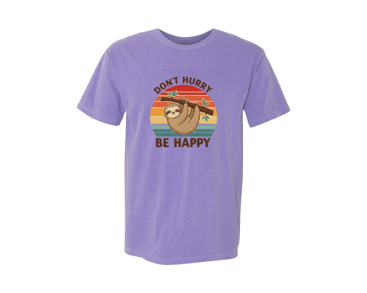 brand:Comfort Colors|color:Violet|Sloth Dont Hurry Be Happy Graphic T-Shirt