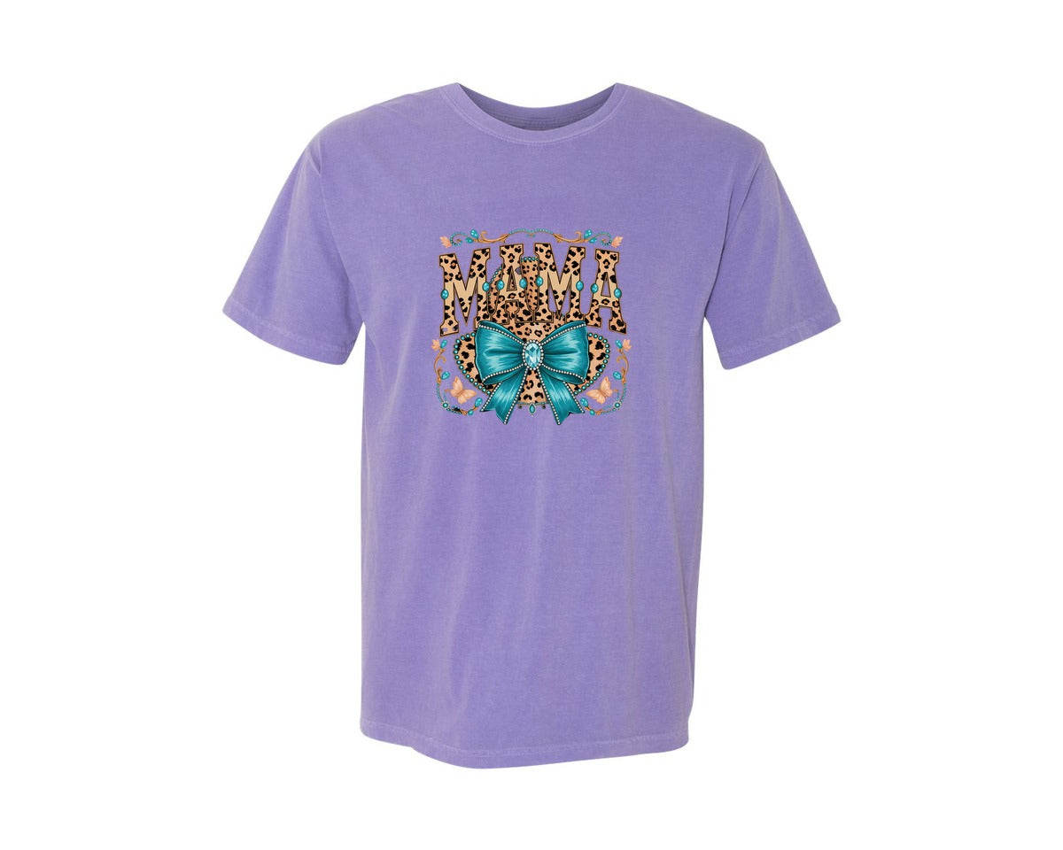 brand:Comfort Colors|color:Violet|Western Leopard Mama With Bow 3 Graphic T-Shirt