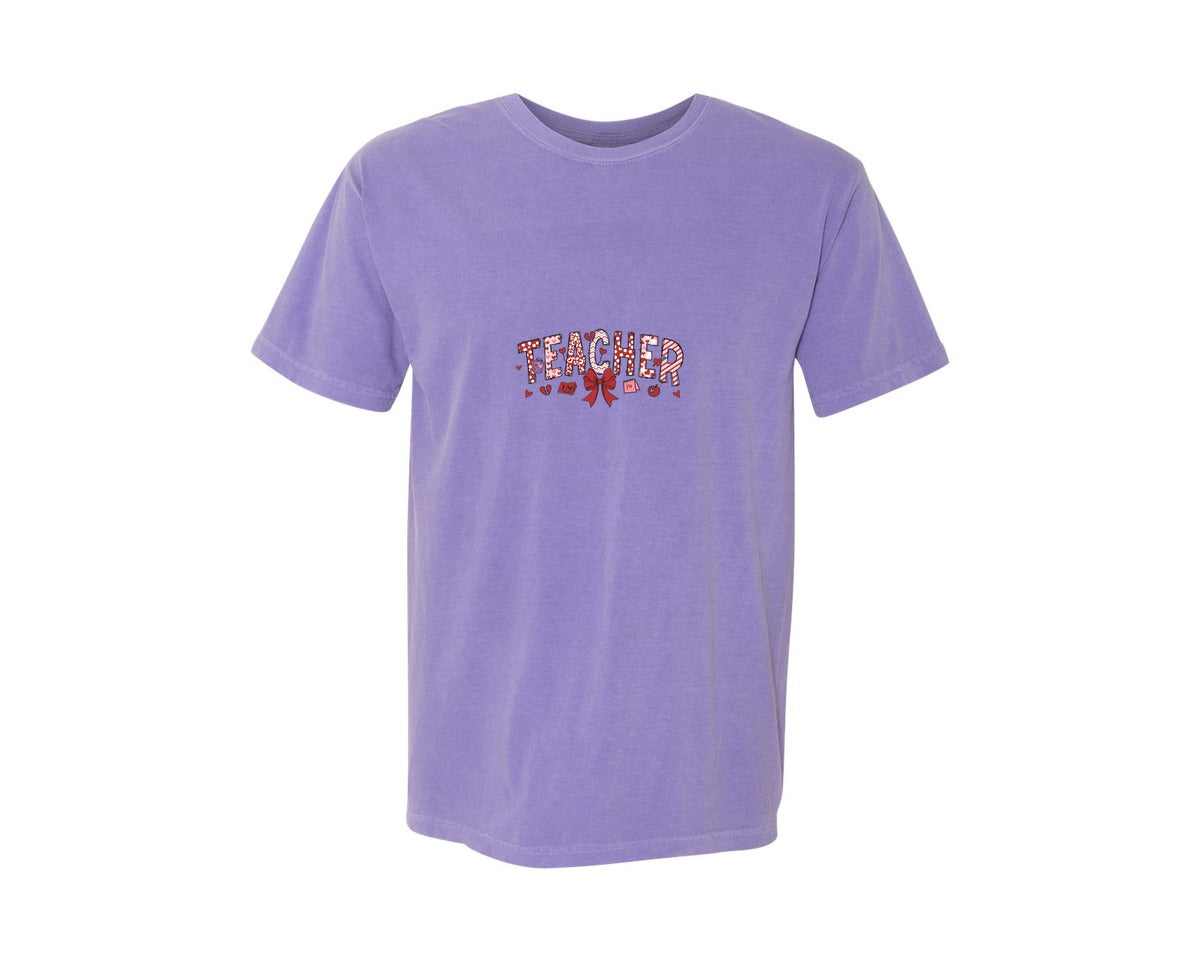 brand:Comfort Colors|color:Violet|Teacher Valentine Bow Coquette Doodle Graphic T-Shirt