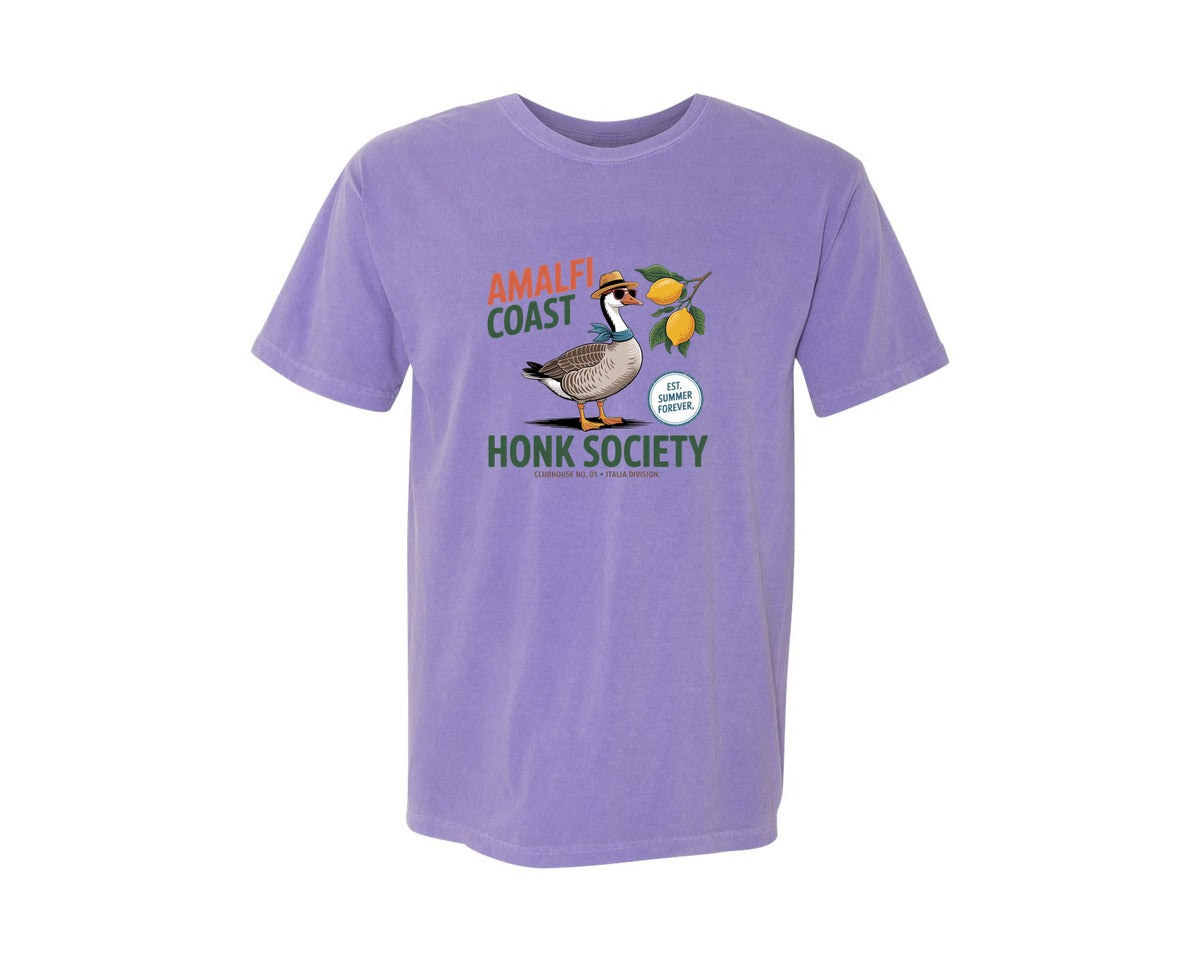 brand:Comfort Colors|color:Violet|Amalfi Coast Honk Society Goose Graphic T-Shirt