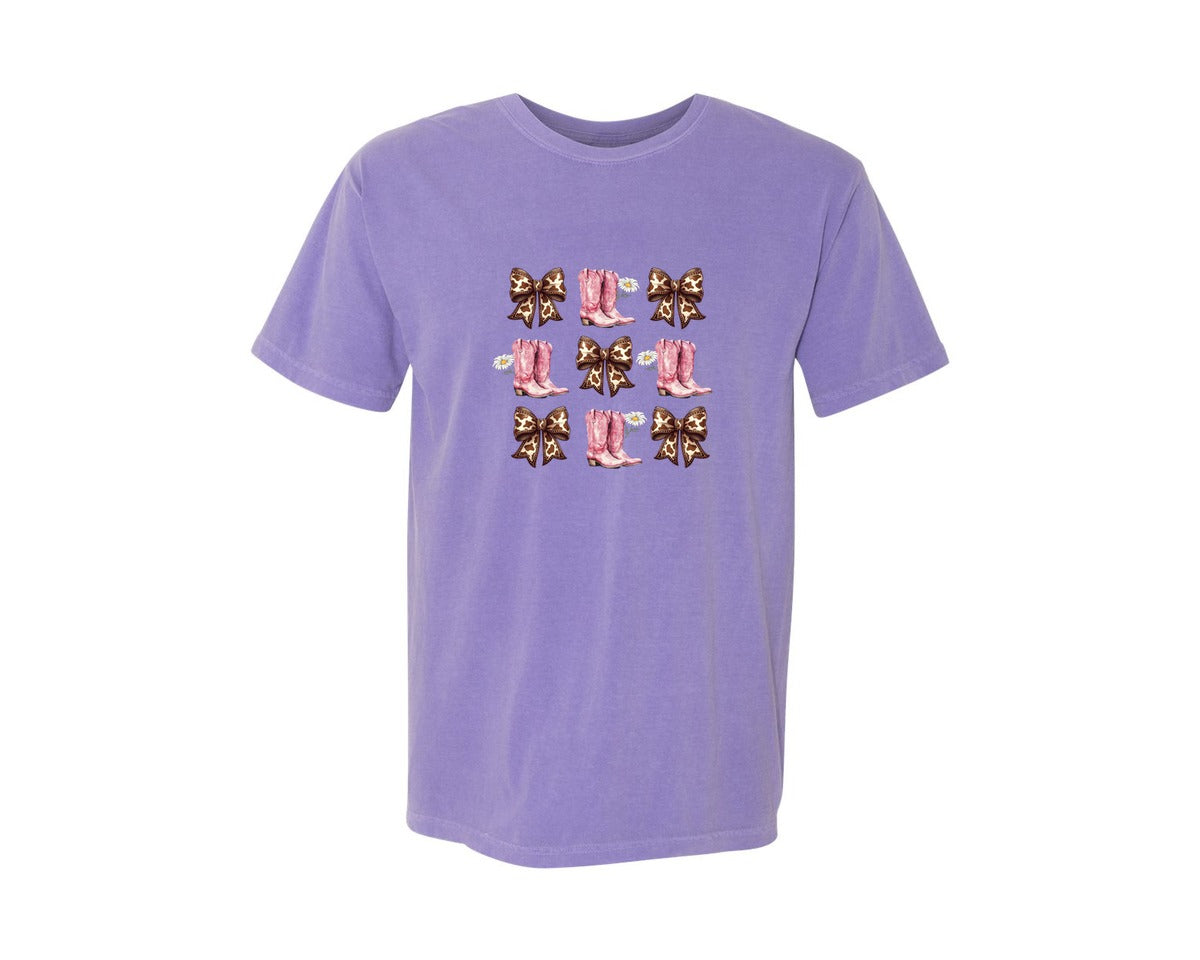 brand:Comfort Colors|color:Violet|Boots And Pink Bows Graphic Graphic T-Shirt