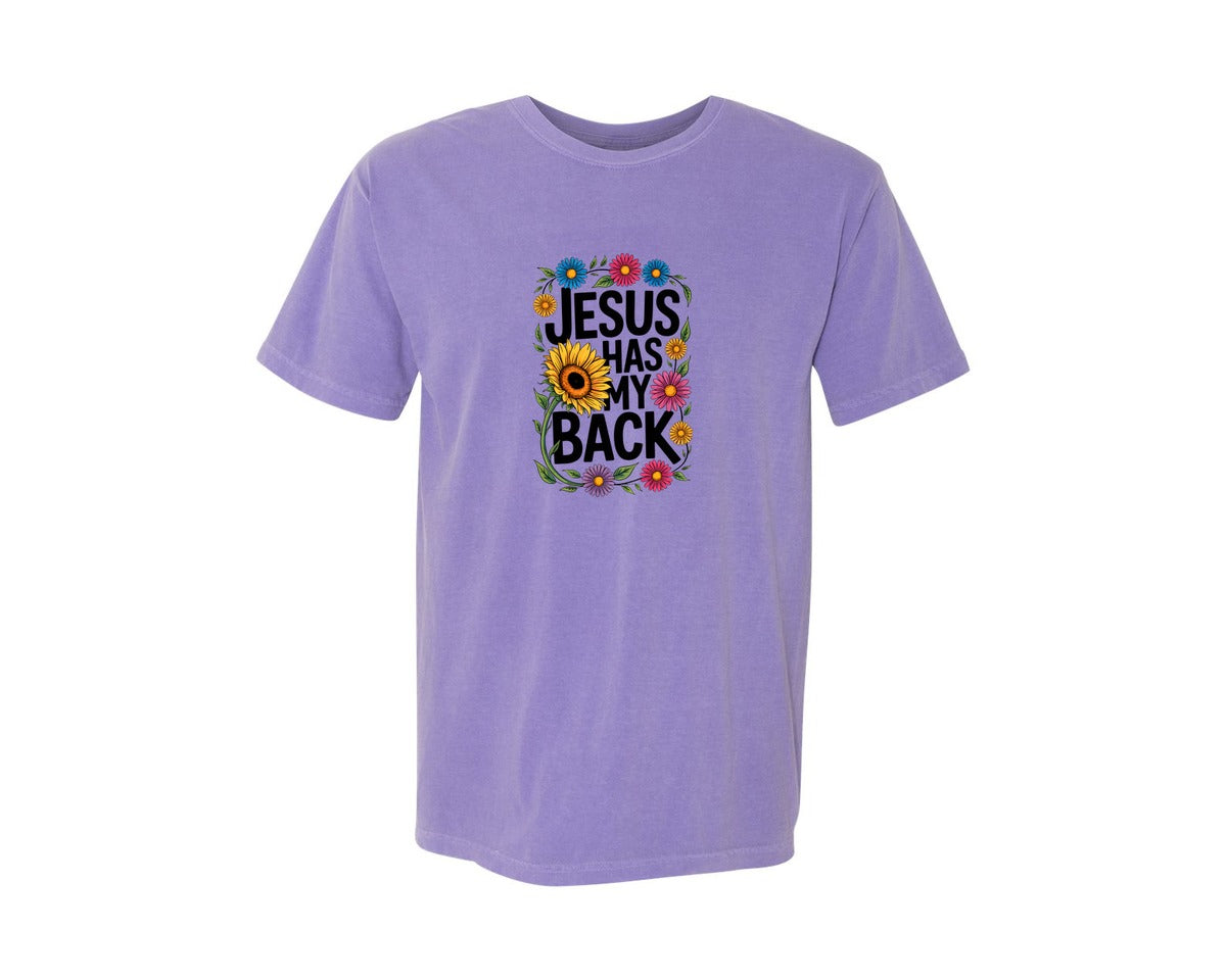 brand:Comfort Colors|color:Violet|Jesus Has My Back With Sunflowers Graphic T-Shirt