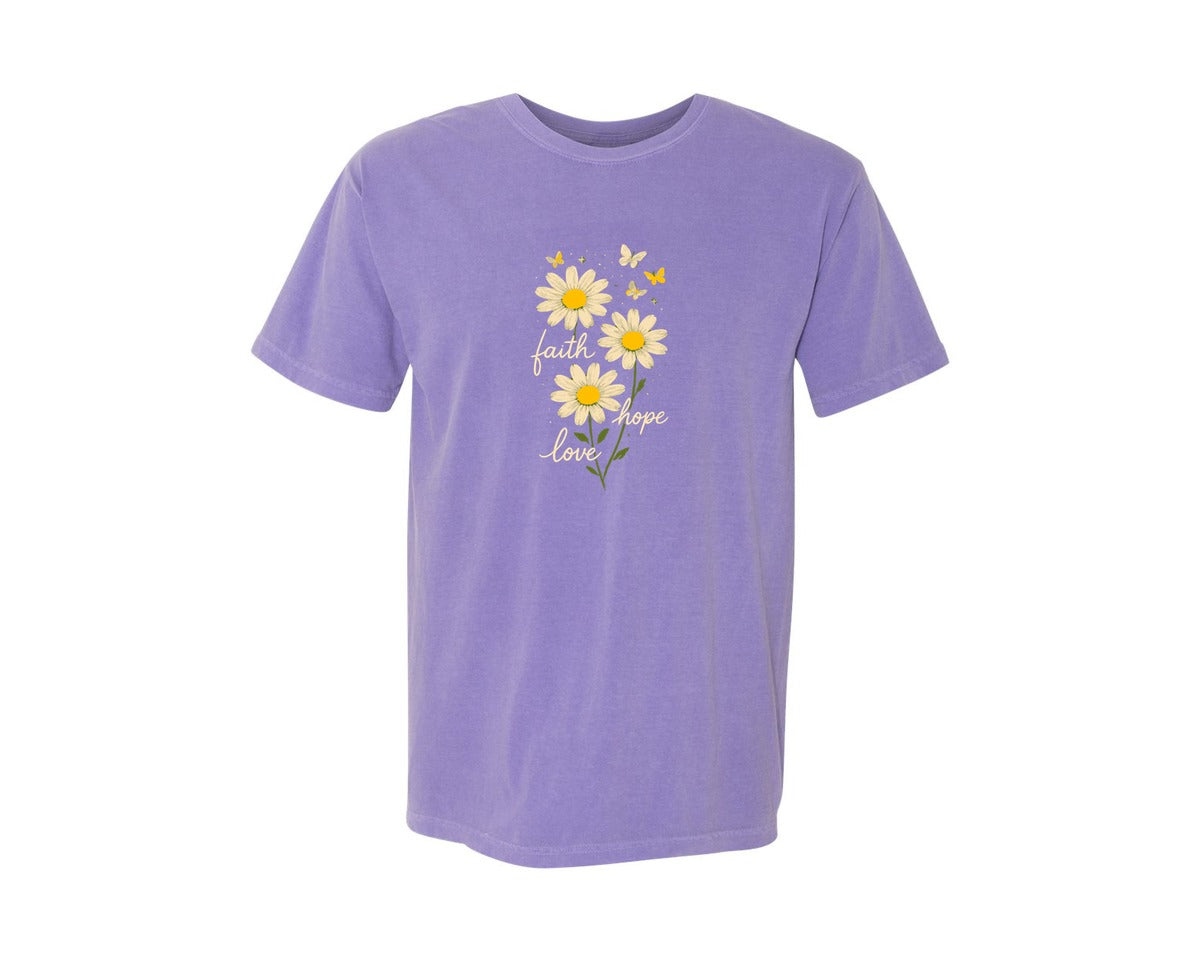 brand:Comfort Colors|color:Violet|Faith Hope Love Daisies Butterflies Graphic T-Shirt