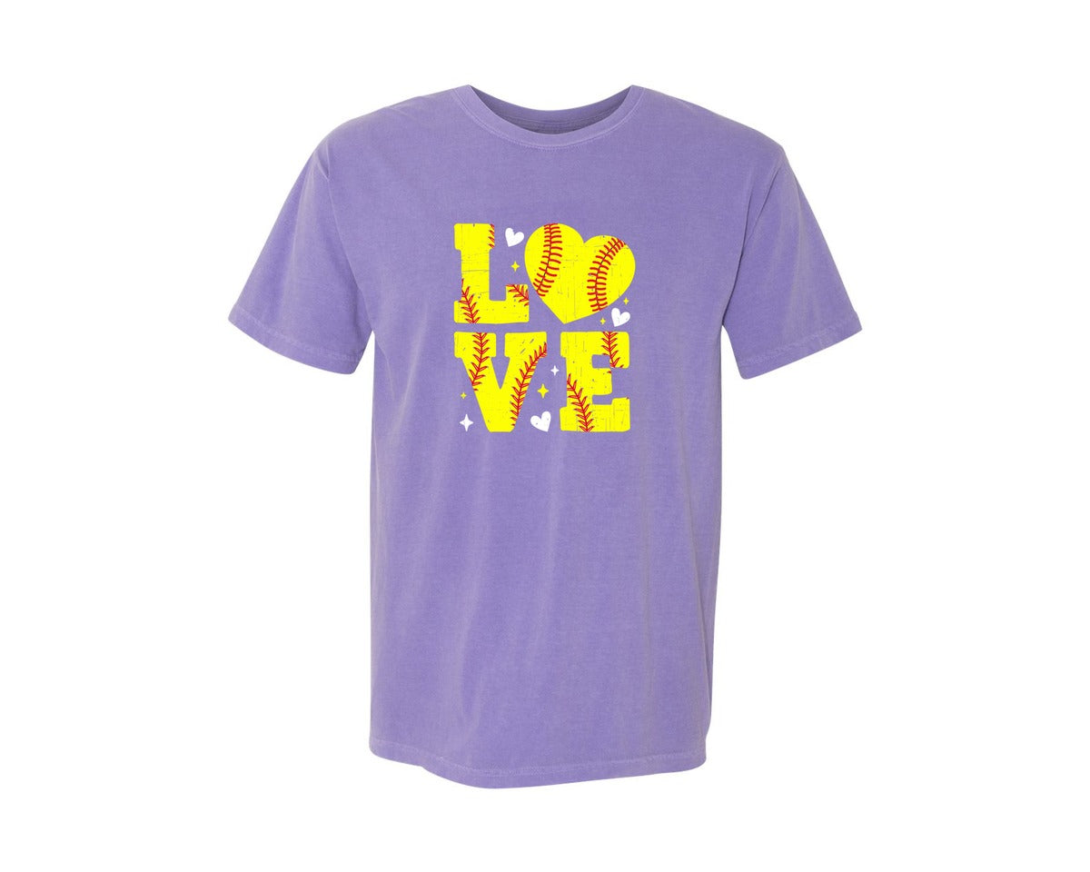 brand:Comfort Colors|color:Violet|Softball Love Valentine T Shirt Graphic T-Shirt