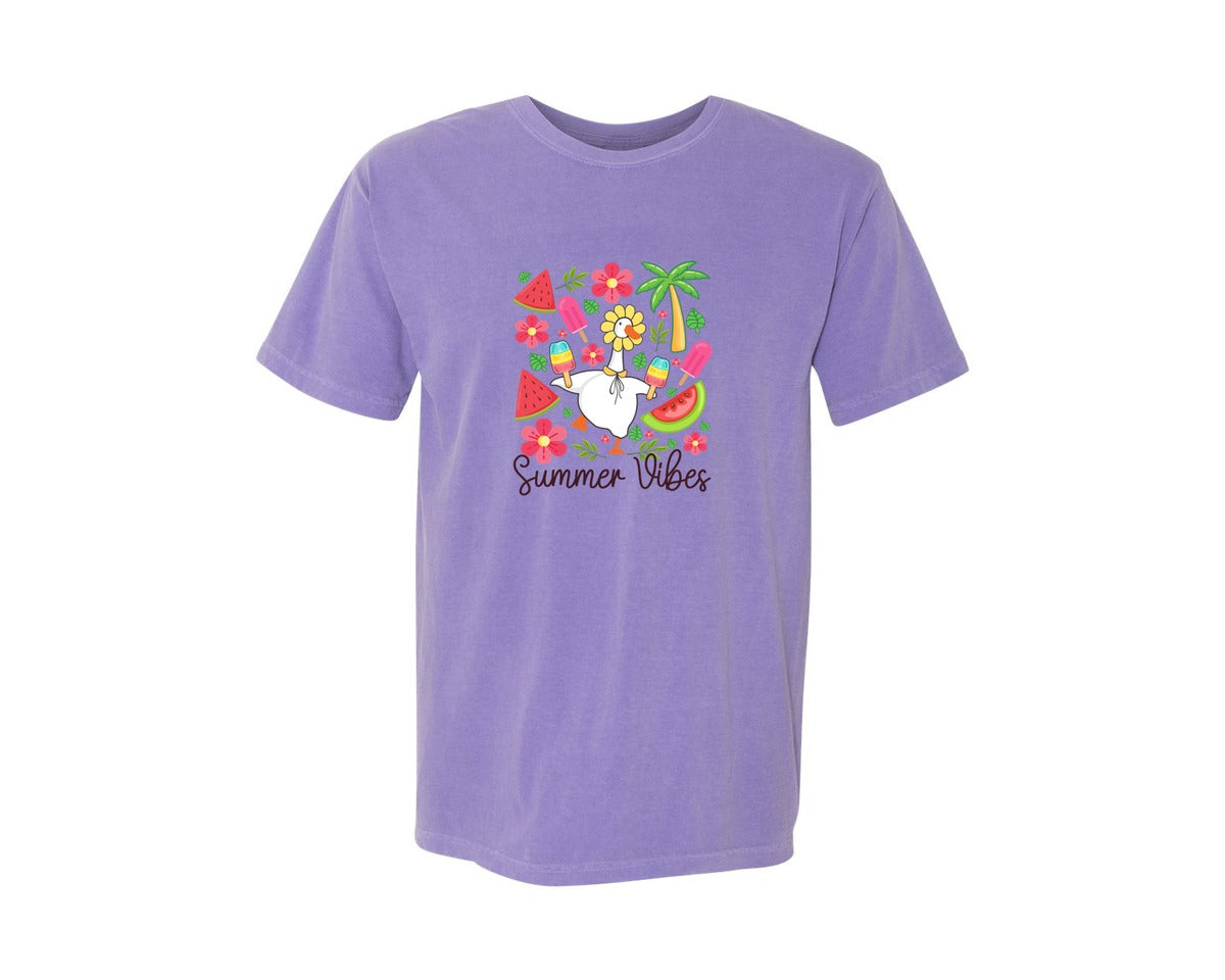 brand:Comfort Colors|color:Violet|Floral Summer Goose Summer Vibes Graphic T-Shirt