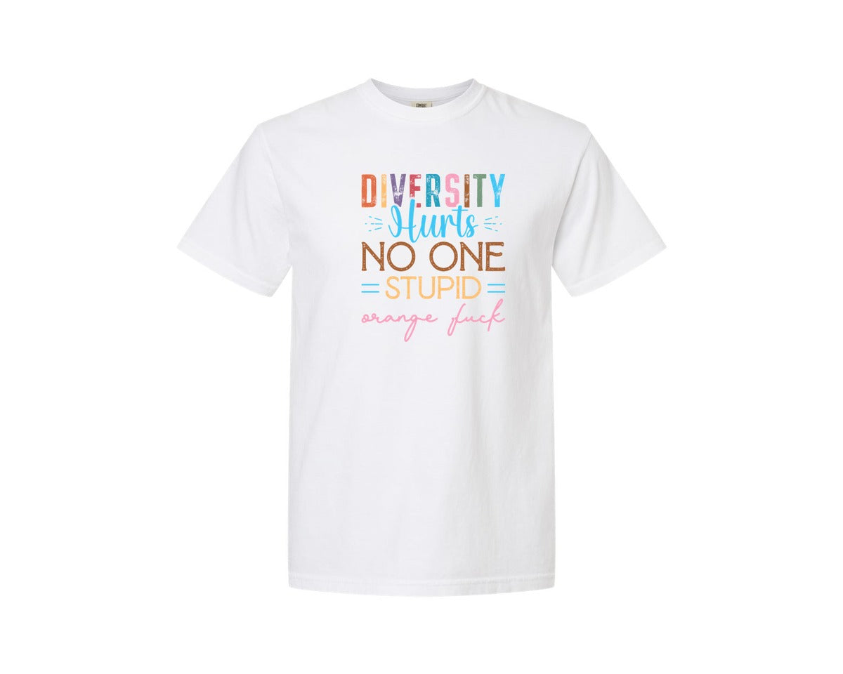 brand:Comfort Colors|color:White|Diversity Hurts No One Stupid Orange F Graphic T-Shirt