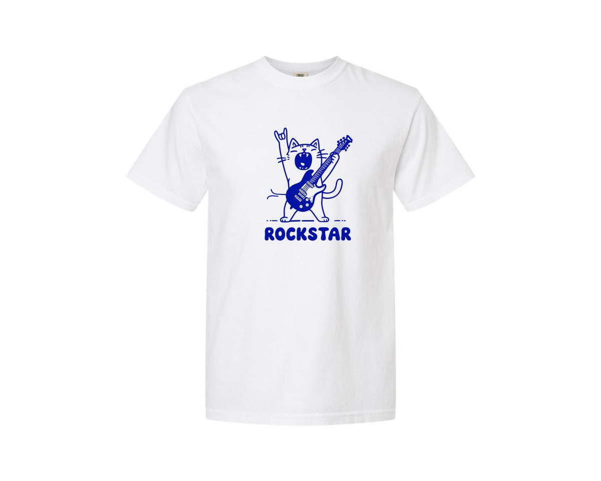 brand:Comfort Colors|color:White|Rockstar Cat Cool Guitar Cat Graphic T-Shirt