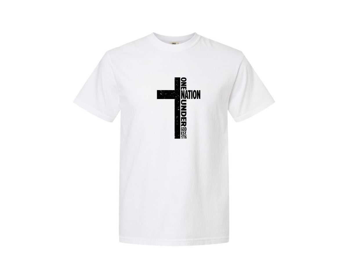 brand:Comfort Colors|color:White|One Nation Under God Cross Freedom Graphic T-Shirt