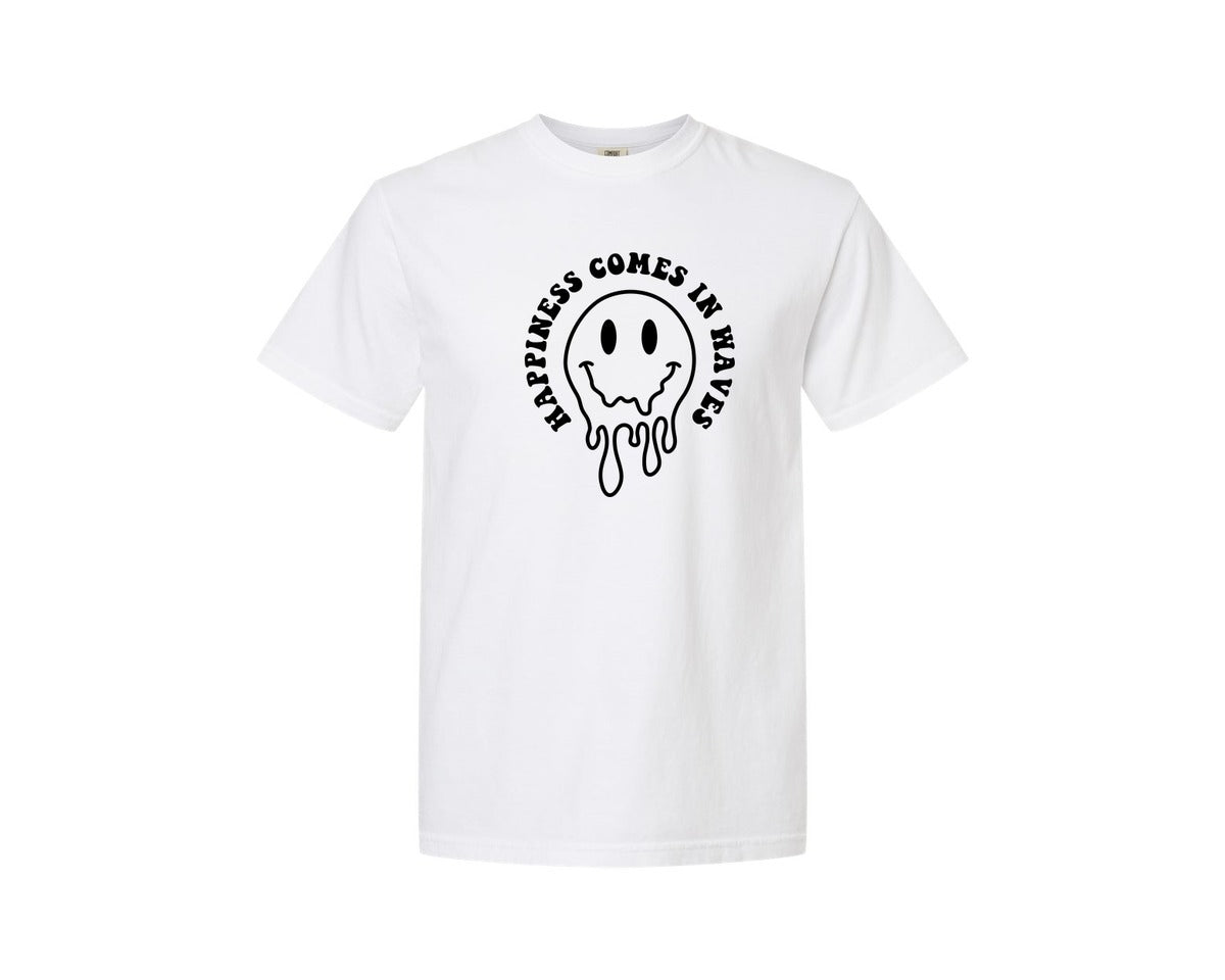 brand:Comfort Colors|color:White|Happiness Comes In Waves Wavy Graphic T-Shirt