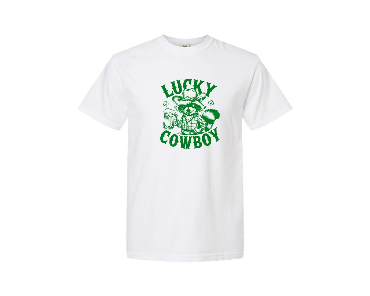 brand:Comfort Colors|color:White|Lucky Cowboy Funny St Patricks Day Graphic T-Shirt