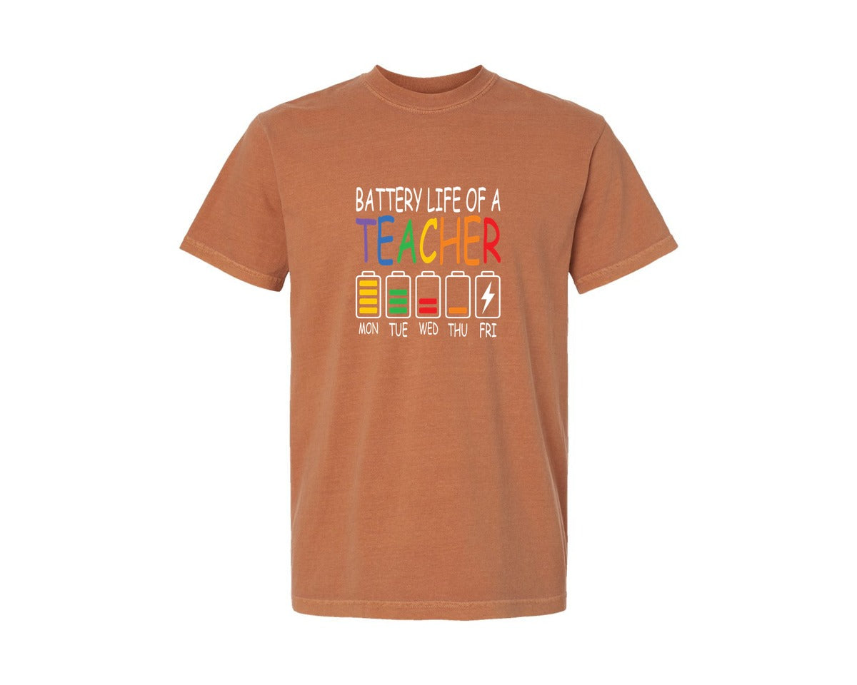 brand:Comfort Colors|color:Yam|Battery Life Of A Teacher Funny 3 Graphic T-Shirt