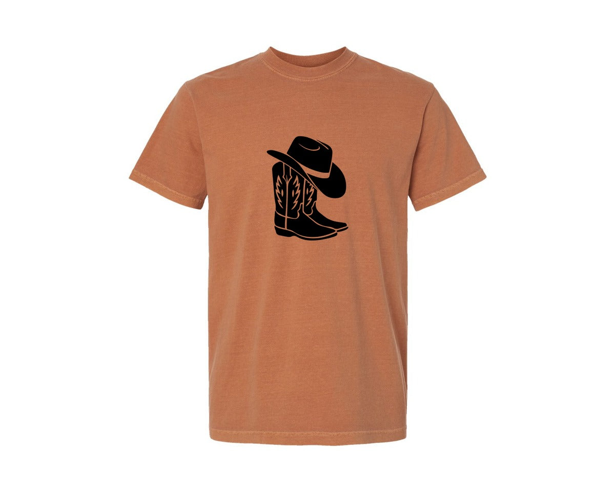 brand:Comfort Colors|color:Yam|Cowboy Boots And Hat Silhouette Graphic T-Shirt