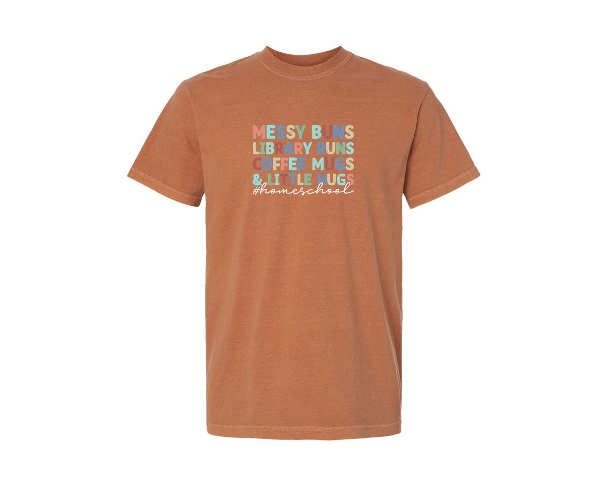 brand:Comfort Colors|color:Yam|Messy Buns Library Runs Homeschool Graphic T-Shirt