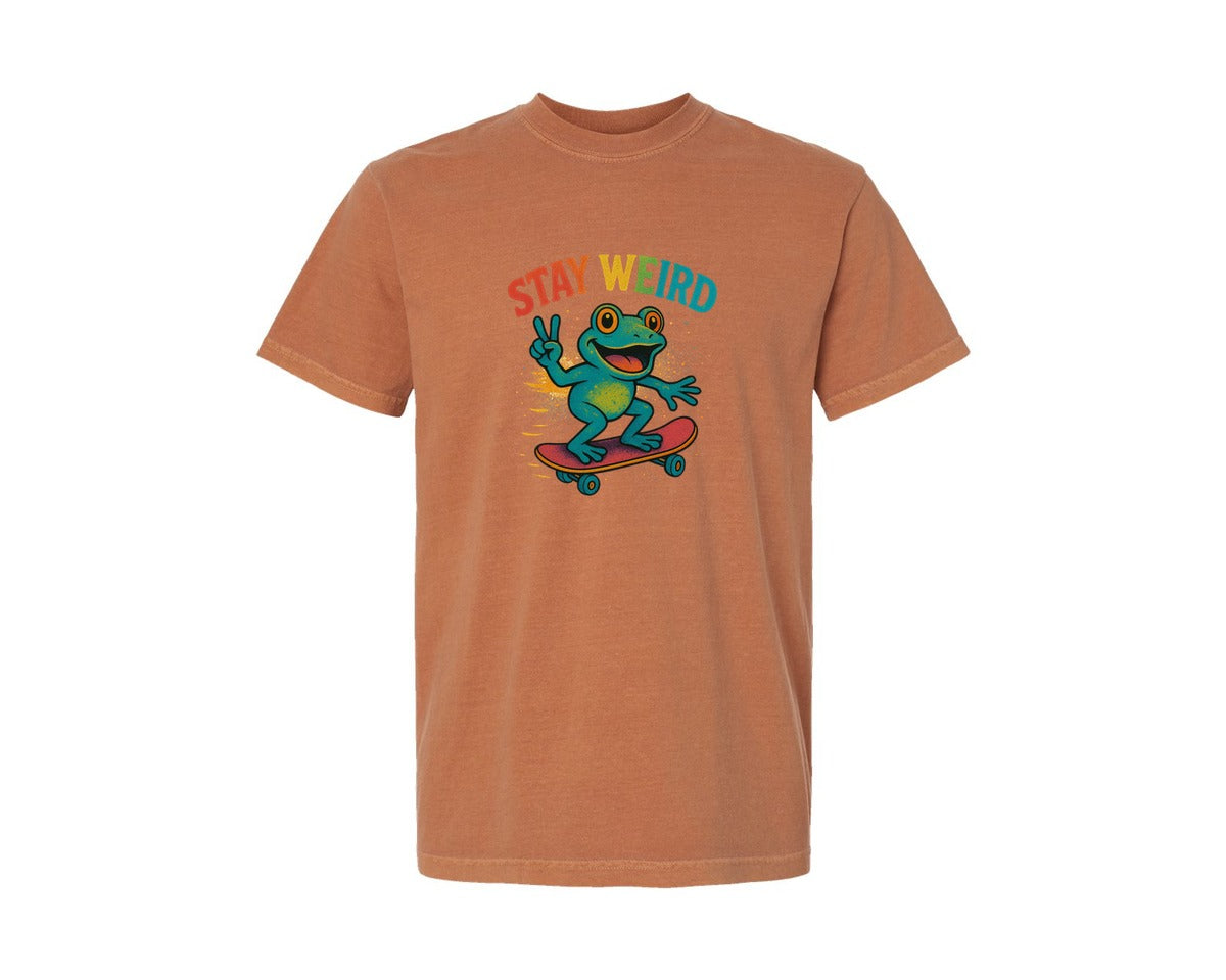 brand:Comfort Colors|color:Yam|Stay Weird Skater Frog Design Graphic T-Shirt