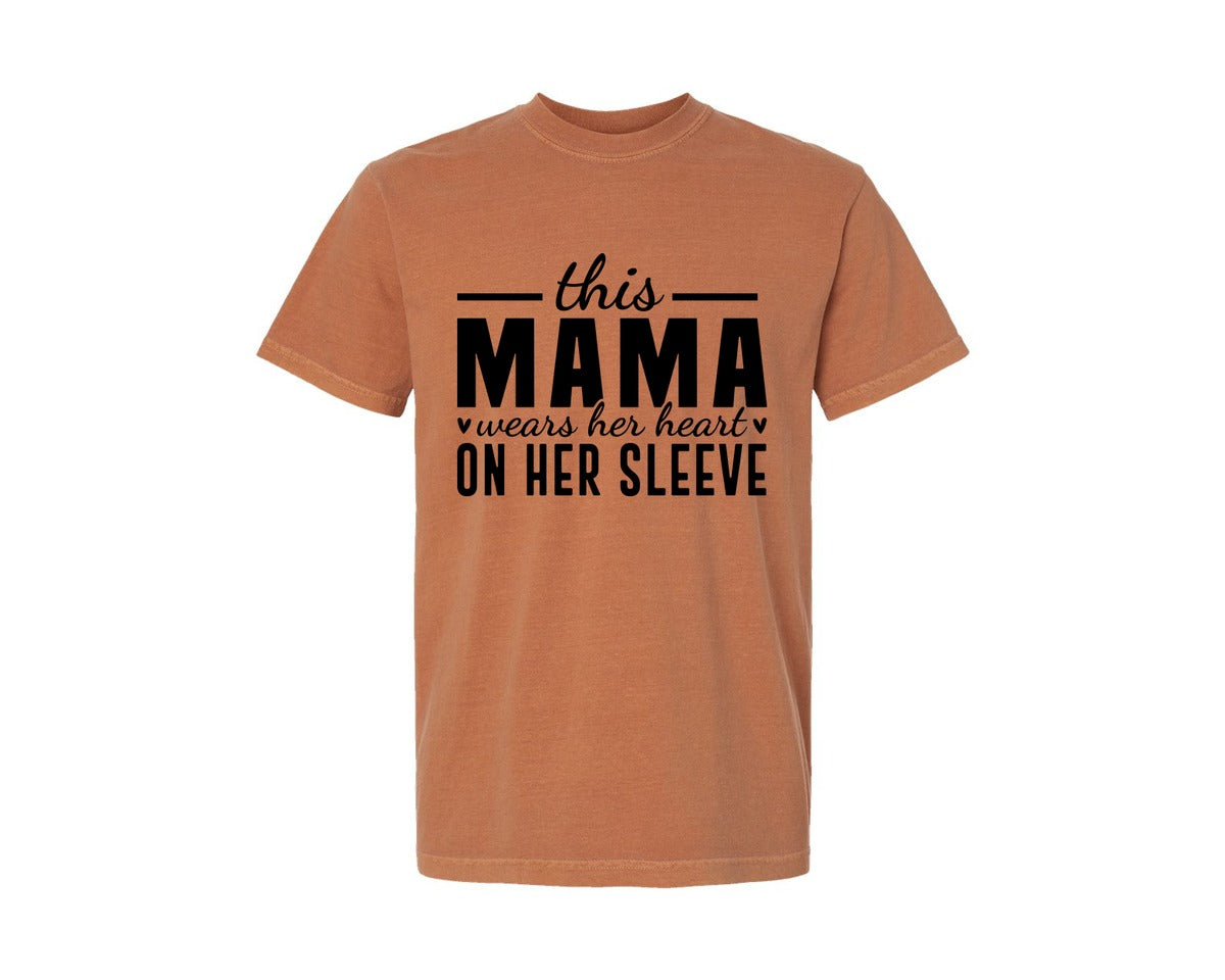 brand:Comfort Colors|color:Yam|This Mama Wears Her Heart On Her Sleeve 77 Graphic T-Shirt