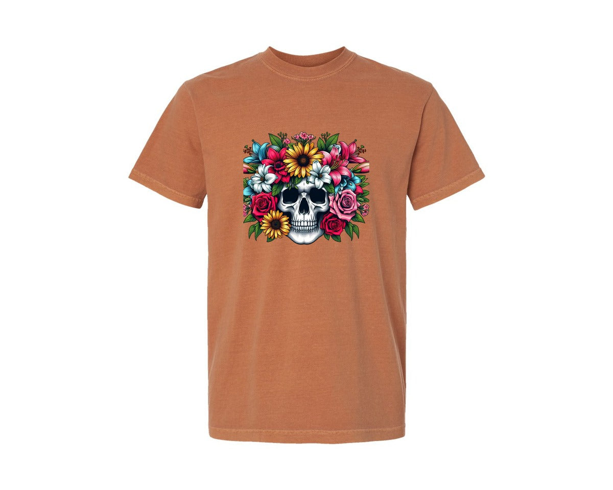 brand:Comfort Colors|color:Yam|Retro Floral Skull Design Graphic T-Shirt