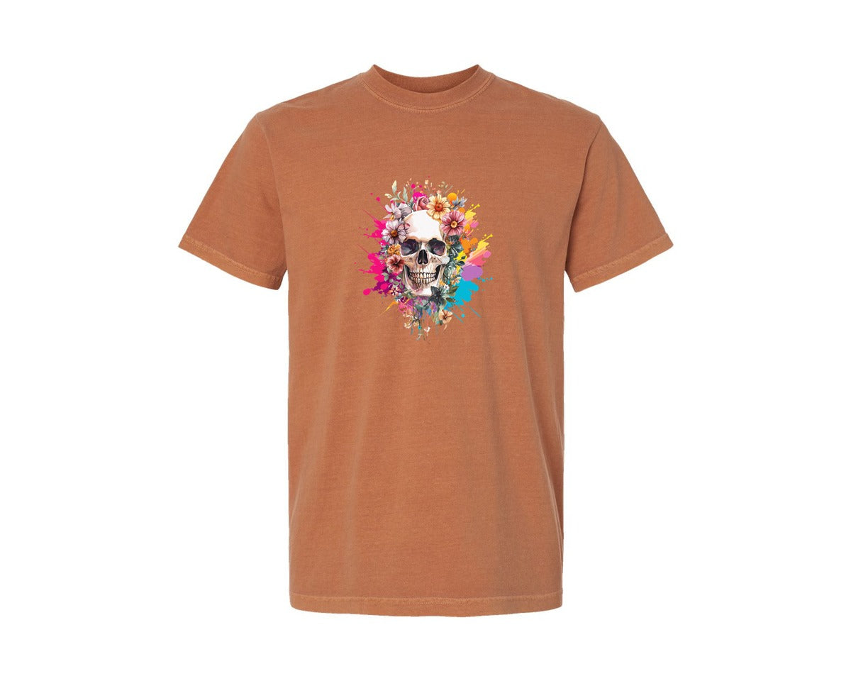 brand:Comfort Colors|color:Yam|Floral Skull Watercolor Skull Shirt Graphic T-Shirt