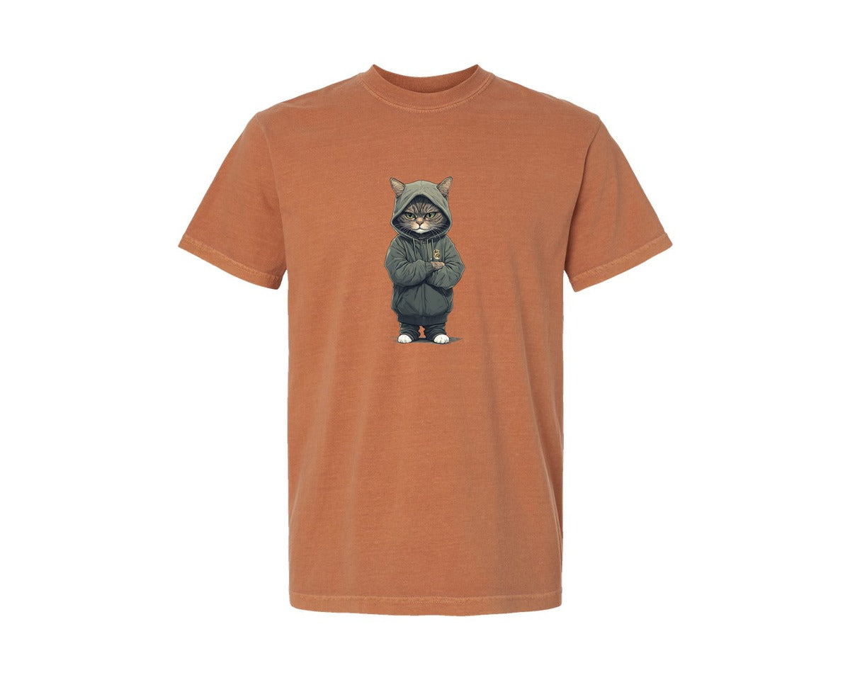 brand:Comfort Colors|color:Yam|Cool Cat In Hoodie Cartoon Artwork Graphic T-Shirt