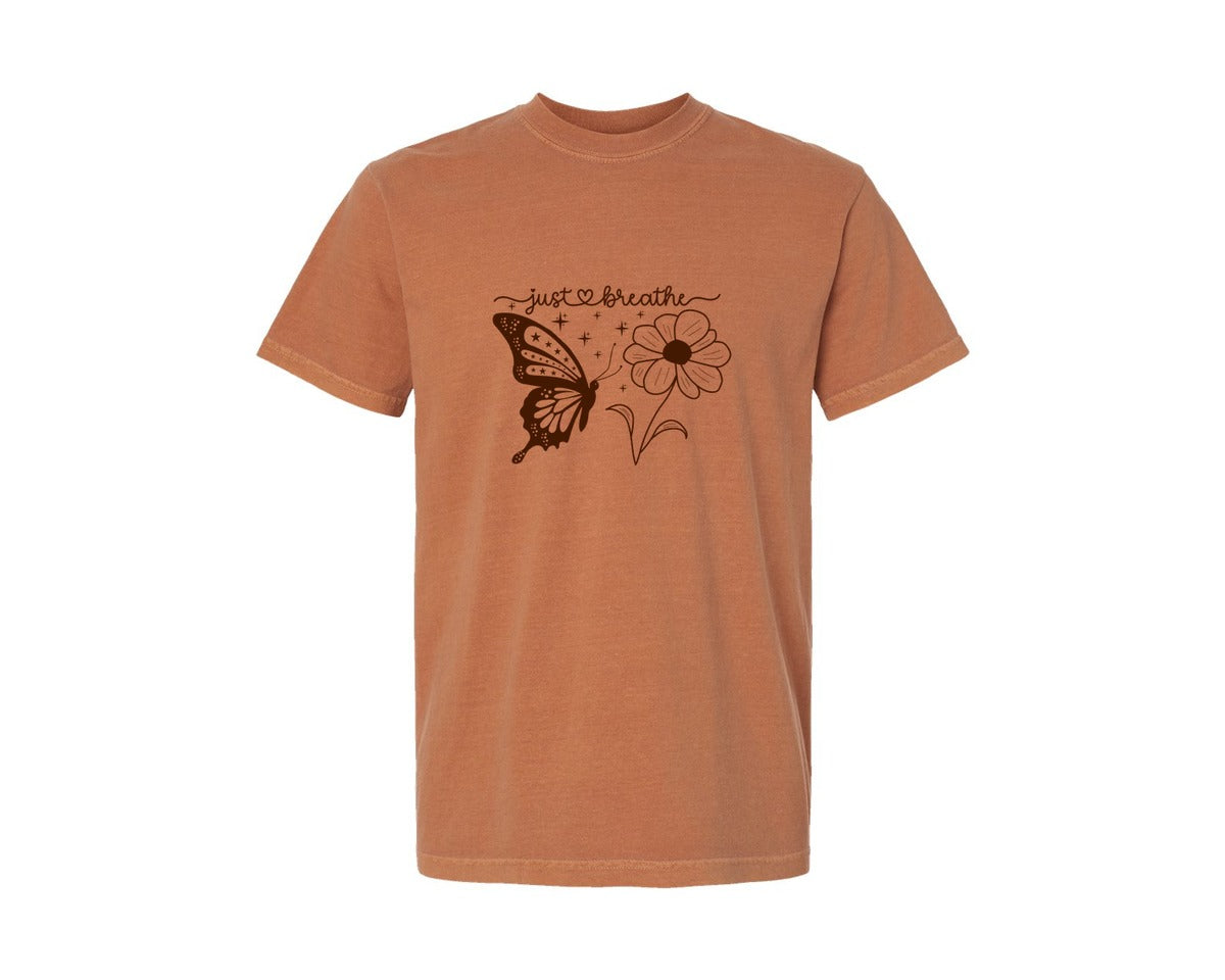 brand:Comfort Colors|color:Yam|Just Breathe Butterfly Graphic T-Shirt