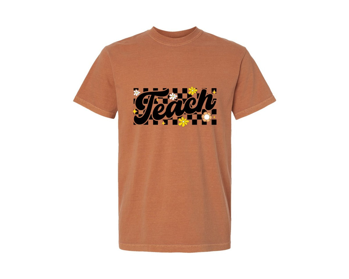 brand:Comfort Colors|color:Yam|Teach Checkered Floral Teacher Graphic T-Shirt