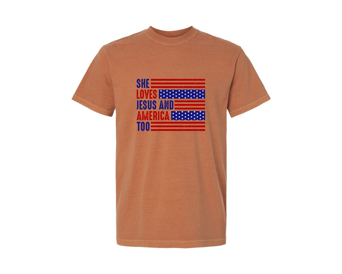 brand:Comfort Colors|color:Yam|She Loves Jesus And America Too 33 Graphic T-Shirt