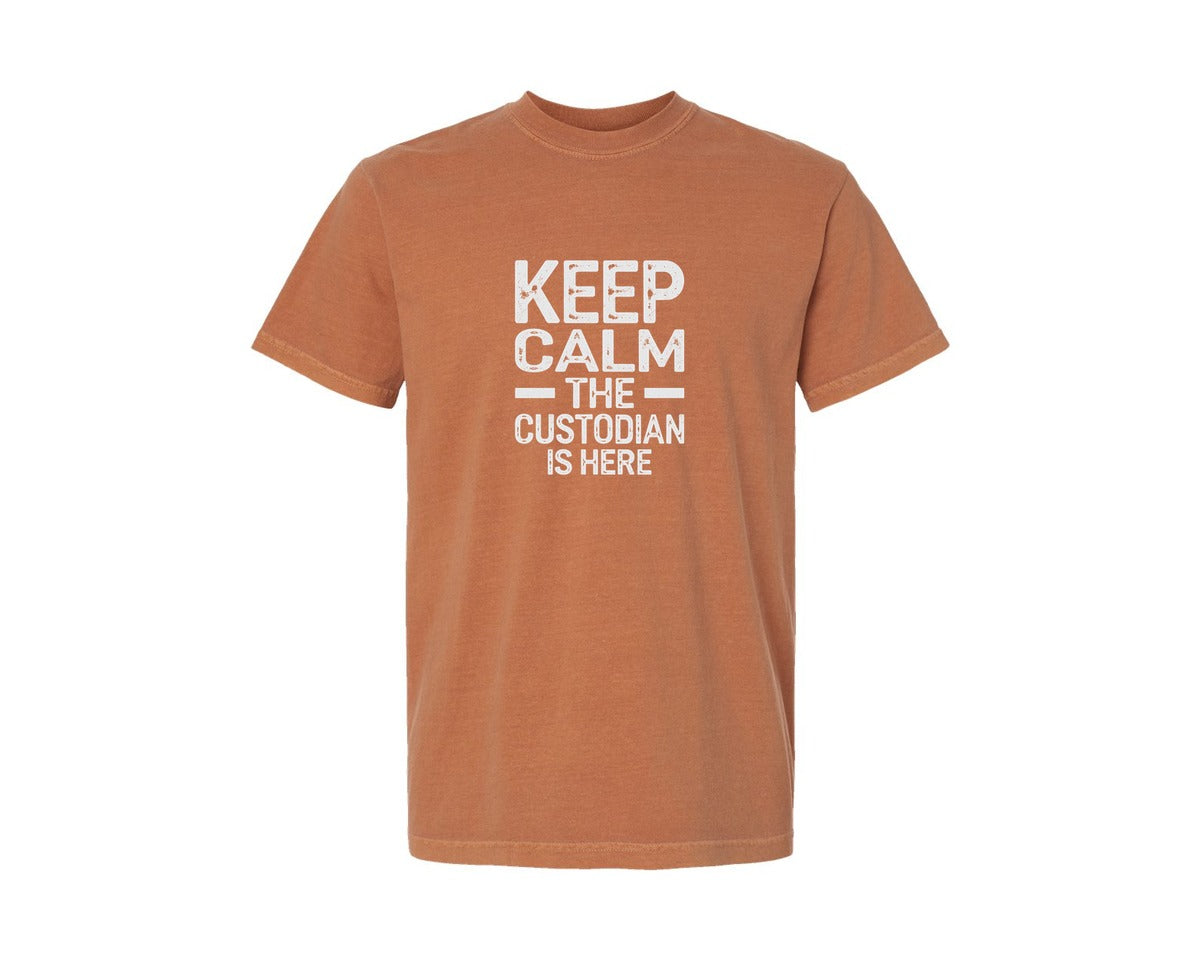 brand:Comfort Colors|color:Yam|Keep Calm Custodian Here Graphic T-Shirt