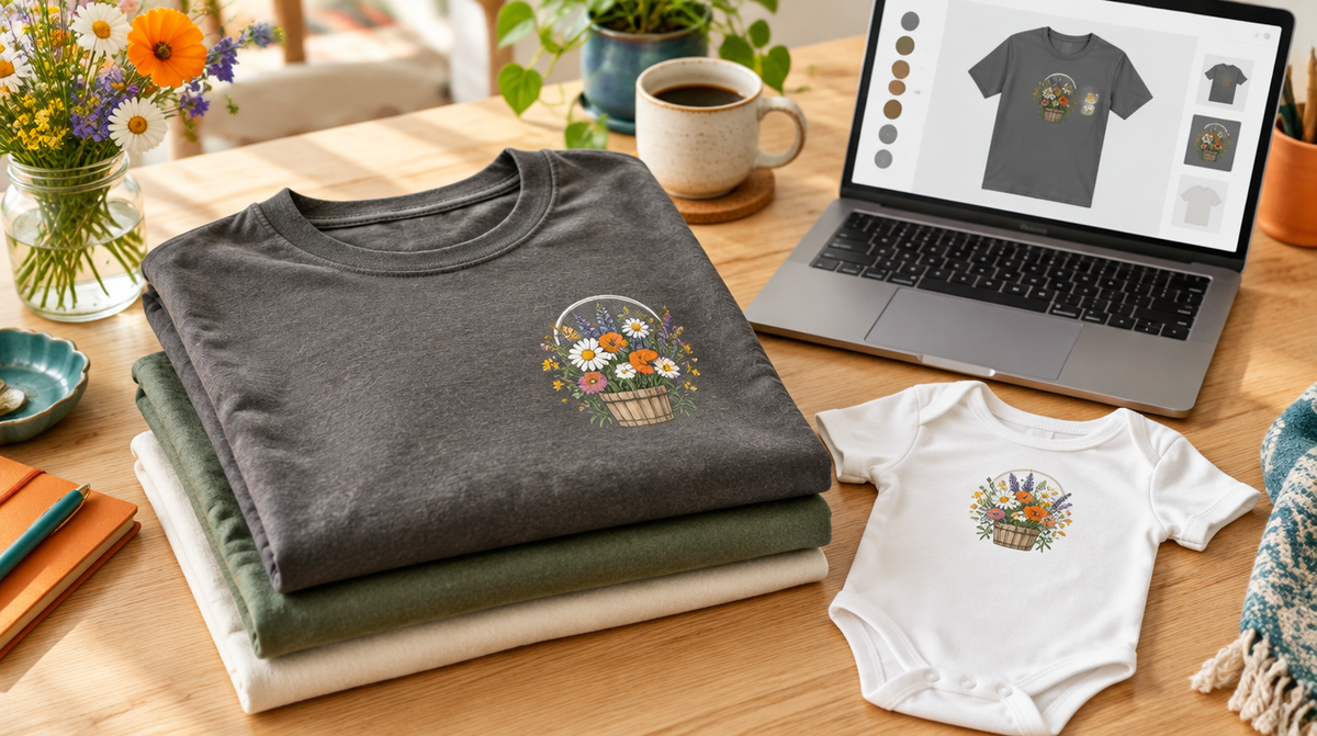 Stack of custom printed Comfort Colors t-shirts and a baby onesie with a small business logo next to a laptop showing the online t-shirt designer