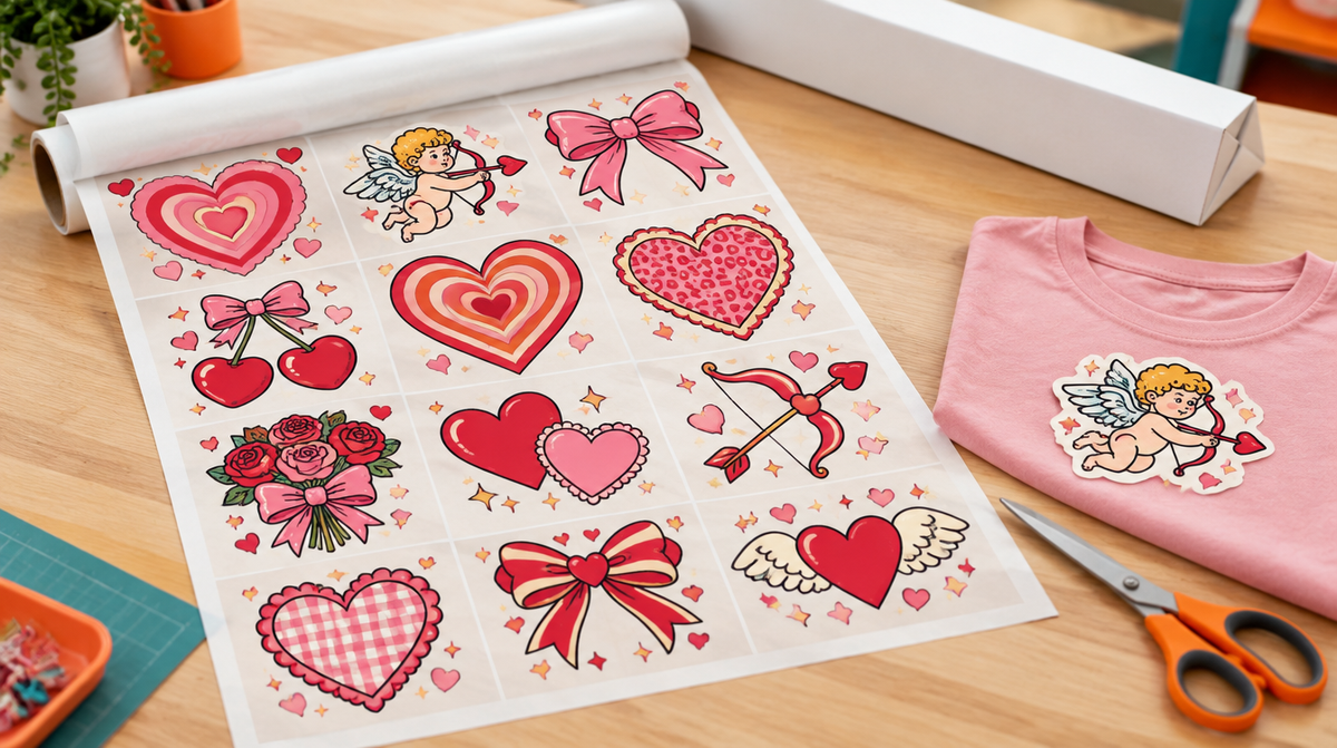 Premade Valentine's Day DTF gang sheet unrolled on a workbench with one design cut out on a pink t-shirt