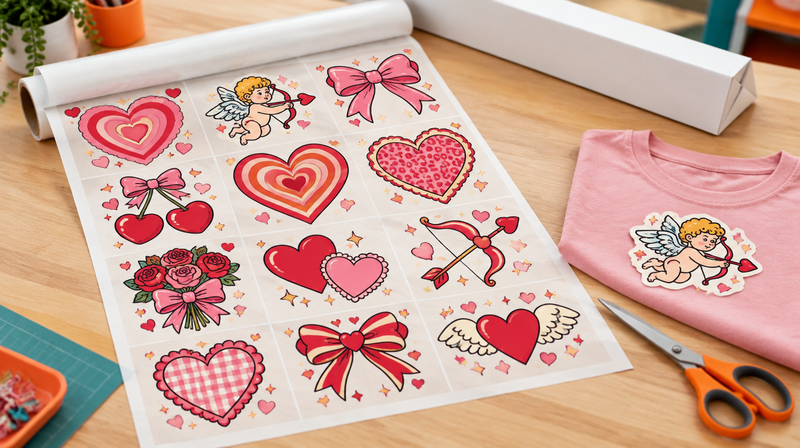 Premade Valentine's Day DTF gang sheet unrolled on a workbench with one design cut out on a pink t-shirt